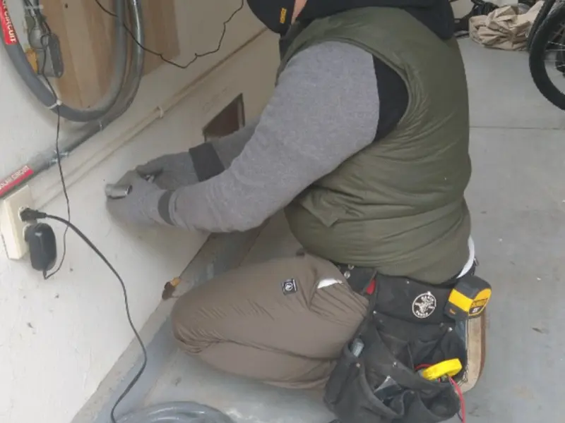 Electrician performing outlet wiring in a Rock Hill garage